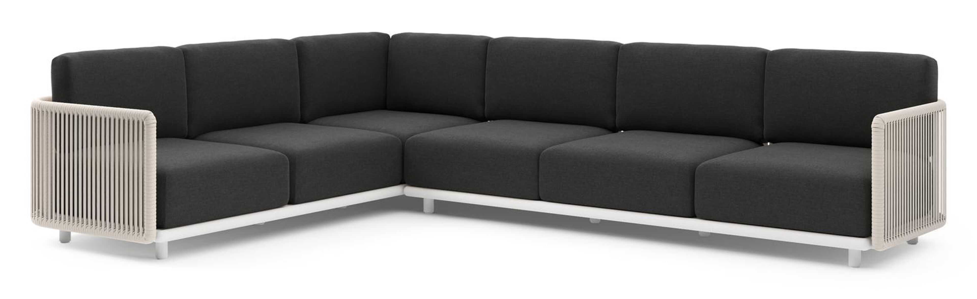 Organo loungehoek in wit aluminium en beige verticaal geweven luxe vlakke rope met chartres sooty all weather Sunbrella® luxe kussen