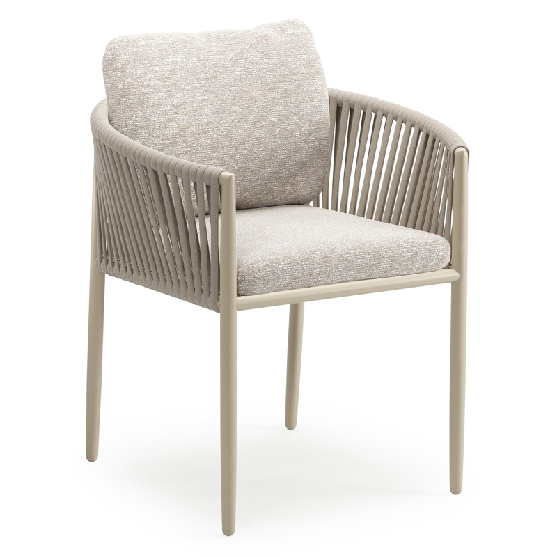 Organo tuinstoel in beige aluminium en beige verticaal geweven luxe vlakke rope met zitkussen in All Weather Sunbrella® Luxe Tundra Sand