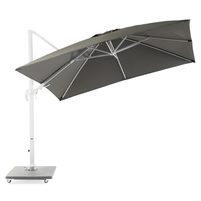 Avola zweefparasol met tiltfunctie in wit aluminium met grijs sunbrella® premium parasoldoek - L1 300 x L2 300 cm (met voet)