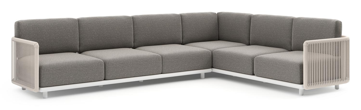 Organo loungehoek in wit aluminium en beige verticaal geweven luxe vlakke rope met chartres drizzle all weather Sunbrella® luxe kussen