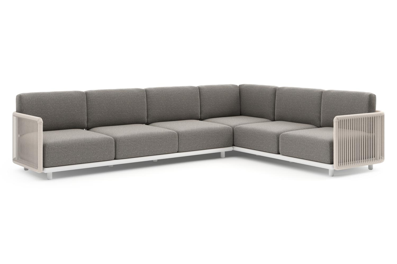 Organo loungehoek in wit aluminium en beige verticaal geweven luxe vlakke rope met chartres drizzle all weather Sunbrella® luxe kussen