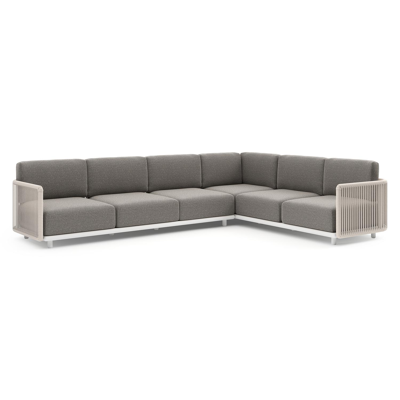 Organo loungehoek in wit aluminium en beige verticaal geweven luxe vlakke rope met chartres drizzle all weather Sunbrella® luxe kussen