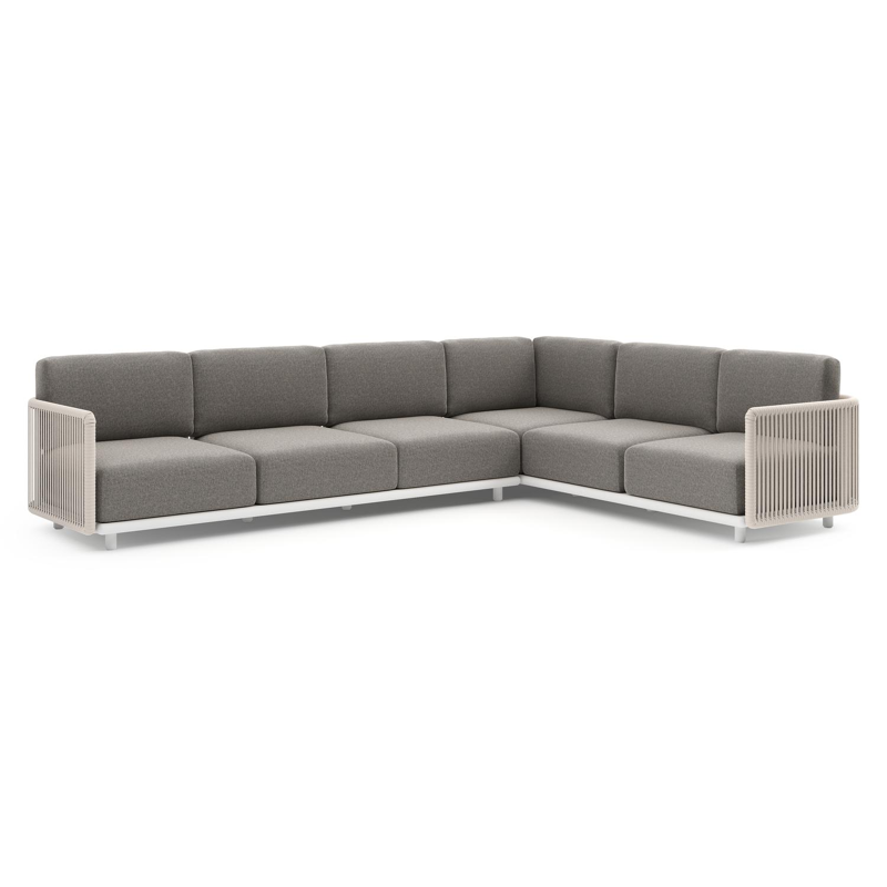 Salon de jardin d'angle Organo en aluminium blanc et corde luxe plate tissée verticalement beige et coussin en all weather Sunbrella® luxe chartres drizzle