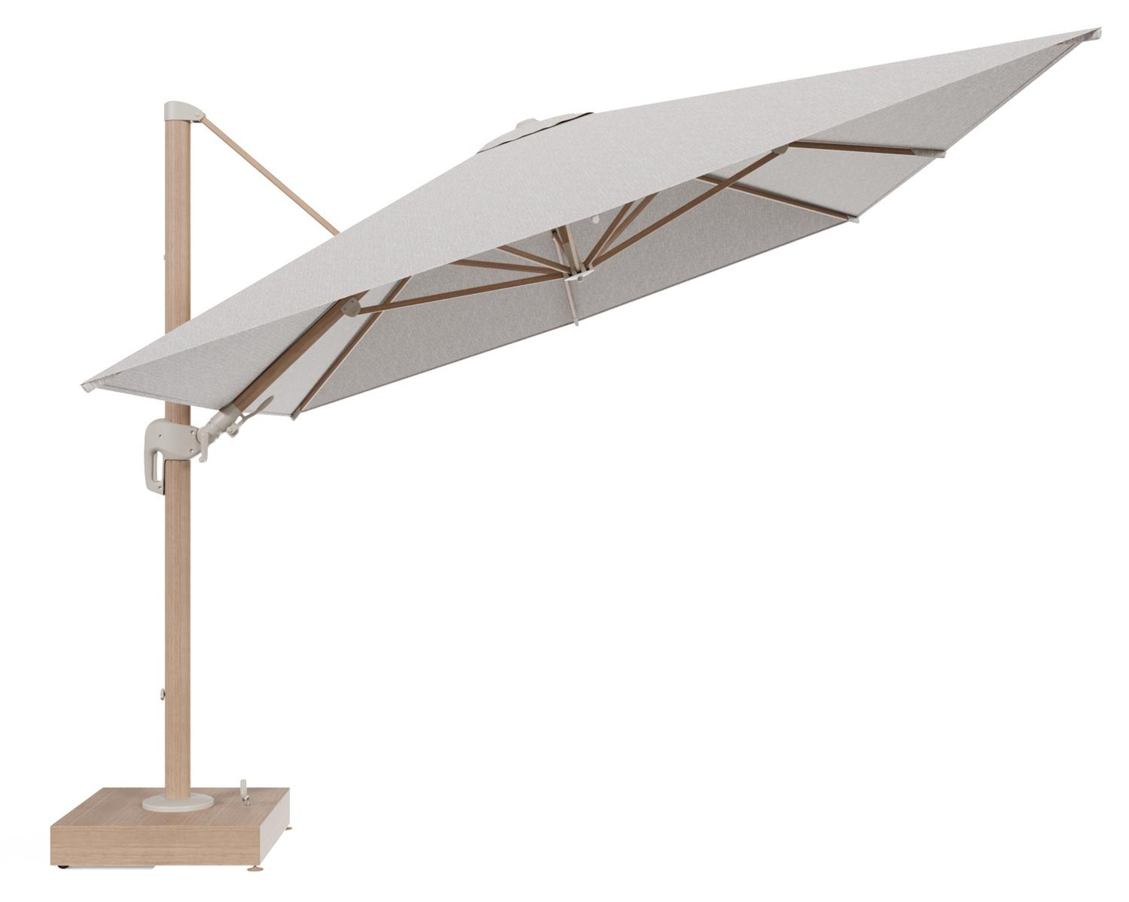 Rufina zweefparasol met tiltfunctie in houtlook aluminium en Tundra Sand All Weather Sunbrella® Luxe parasoldoek - L1 400 x L2 300 cm met parasolvoet Minore 150 kg met wielen