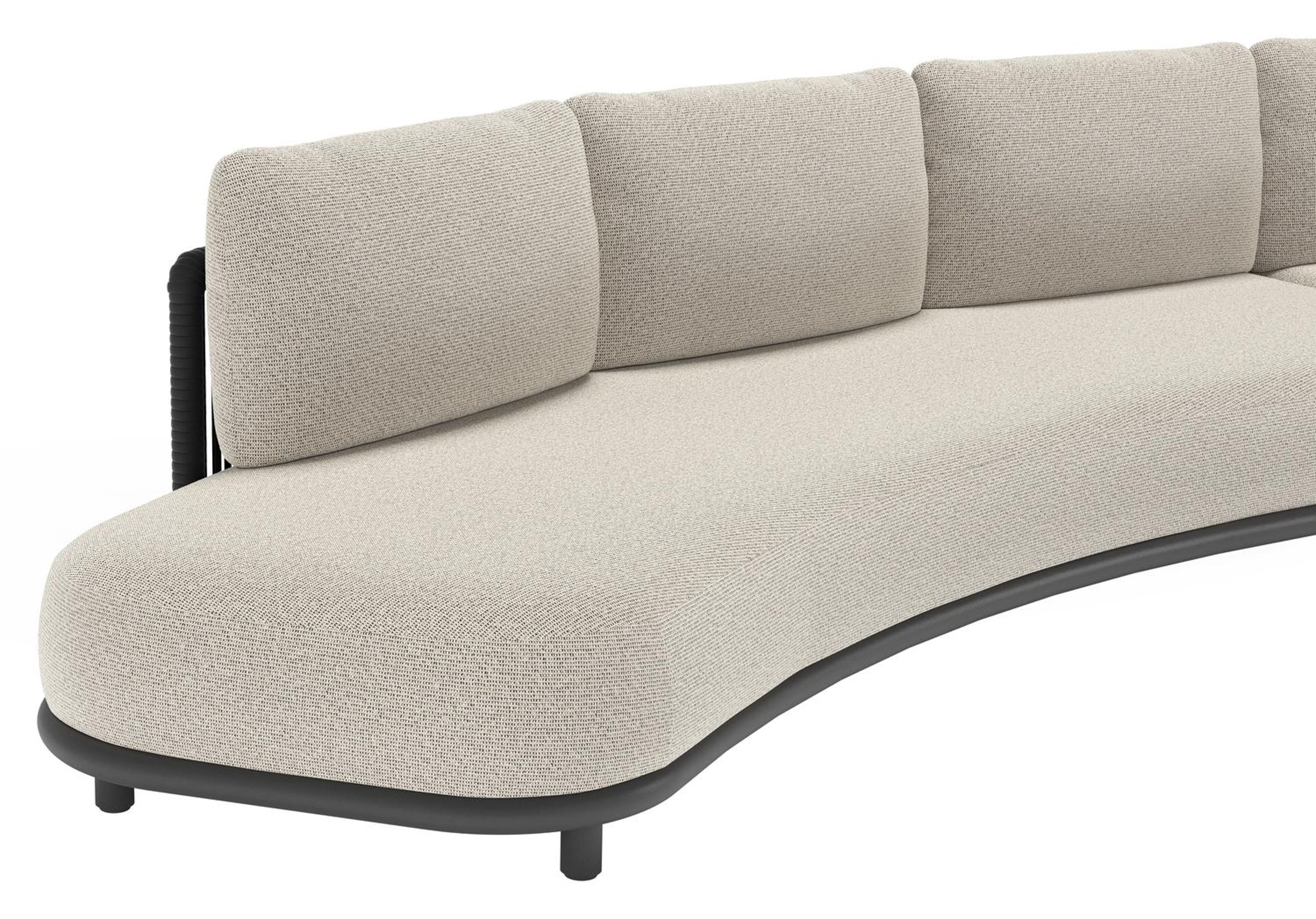 Salon de jardin d'angle Lomano en aluminium noir et corde luxe plate tissée verticalement noir et coussins en all weather solica firenze sand