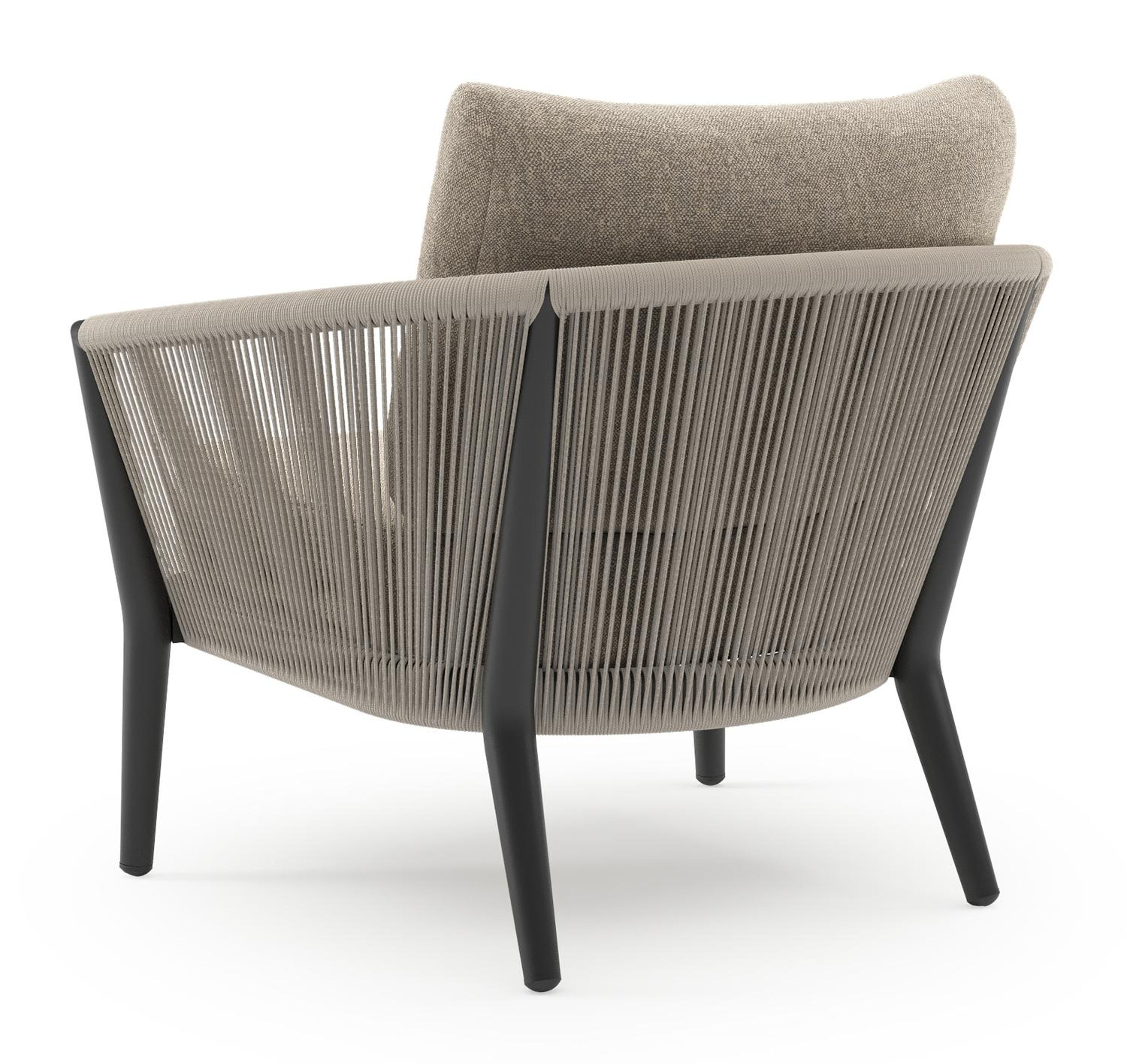 Fauteuil de jardin Orso en aluminium noir en corde ronde tissée verticalement beige et coussins en all weather sunbrella® luxe Chartres Pewter