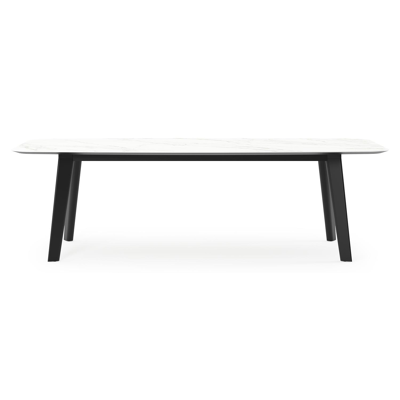 Table de jardin Lacrima forme de bateau en aluminium noir et céramique pleine Calacatta - Lg. 255 x Lrg. 115 x Haut. 73 cm