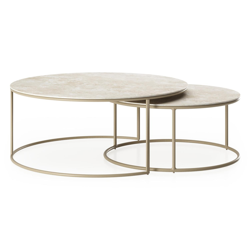 Ensemble de 2 tables d'appoint Fano ronde en aluminium beige et céramique pleine Rapolano - Diam. 85 x Haut. 35 cm