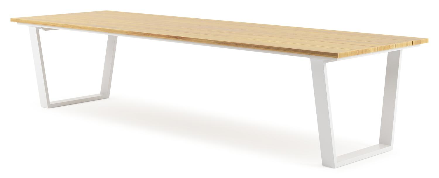 Table de jardin Pagino rectangulaire en aluminium blanc et teck - Lg, 340 x Lrg, 110 x Haut, 73,5 cm