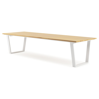 Table de jardin Pagino rectangulaire en aluminium blanc et teck - Lg, 340 x Lrg, 110 x Haut, 73,5 cm