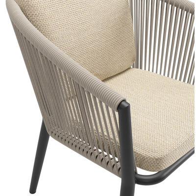 Orso tuinstoel in zwart aluminium en beige verticaal geweven ronde rope met luxe zitkussen in All Weather Cosytica Althea Camel