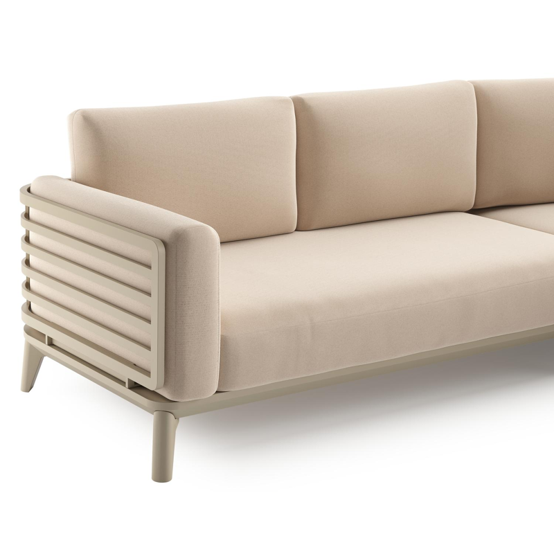 Mosa loungehoek in beige aluminium met natte linen chalk all weather sunbrella® premium kussens en loungetafel