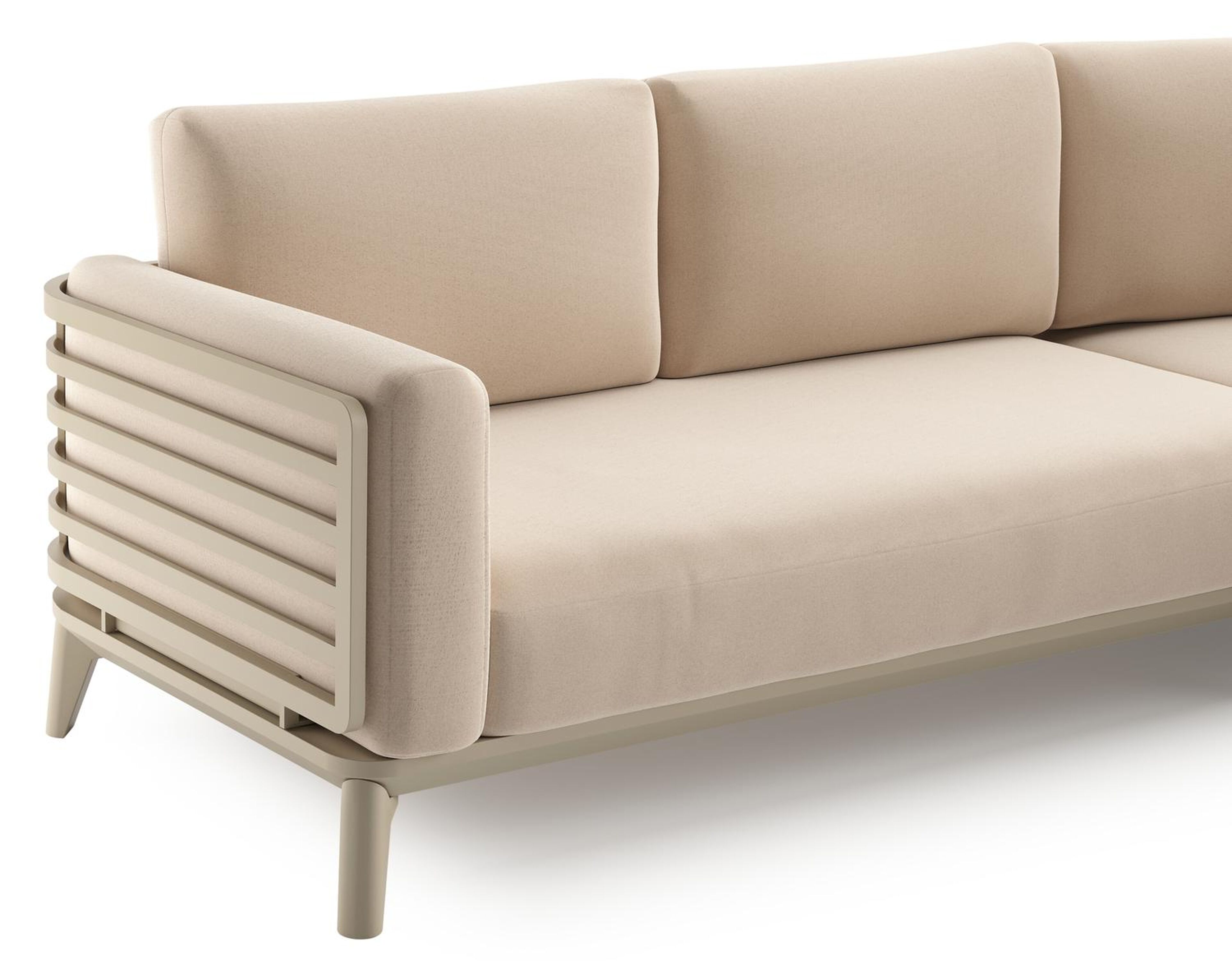Mosa loungehoek in beige aluminium met natte linen chalk all weather sunbrella® premium kussens en loungetafel