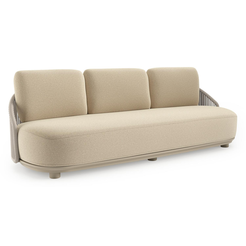 Canapé de jardin Vadelo en aluminium beige et corde ronde tissée verticalement beige et coussins en all weather solica soul papyrus