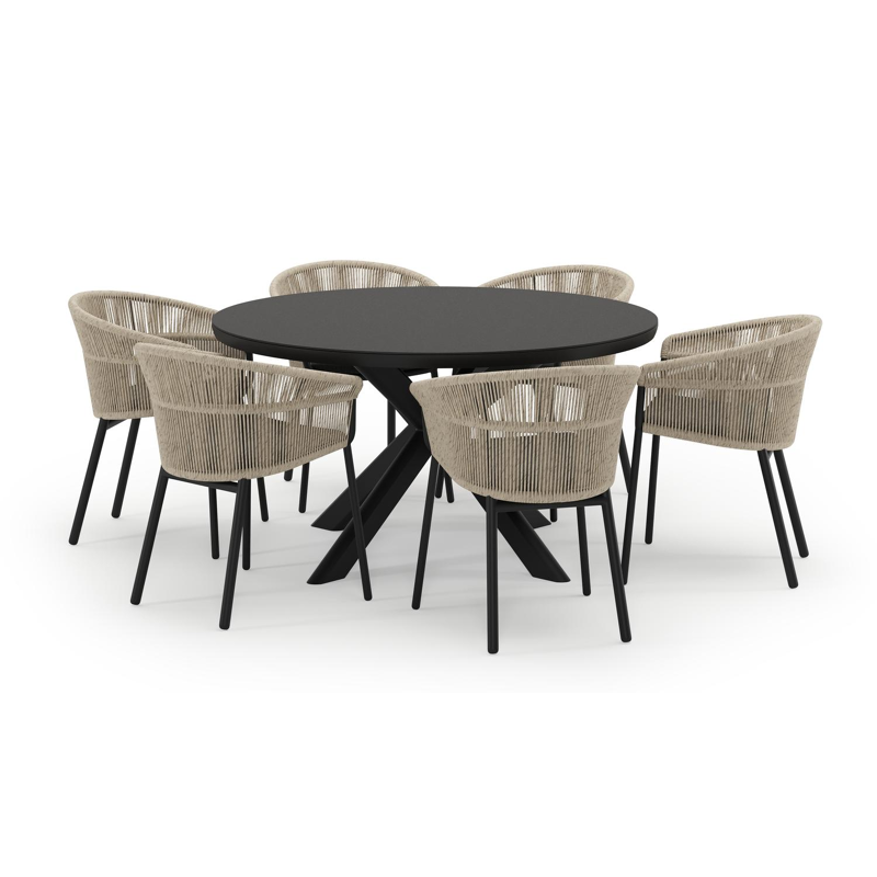 Pamplona ensemble de jardin ronde en aluminium noir en sintered stone notte minerale avec 6 chaises de jardin Matera
