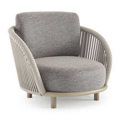 Lupino loungestoel in beige aluminium en beige verticaal geweven luxe vlakke brede rope met tundra pepper all weather sunbrella® luxe kussen