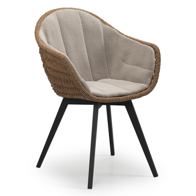 Pagino tuinstoel in zwart aluminium en bruin ronde wicker met zitkussen in All Weather Sunbrella® Luxe Savane Coconut