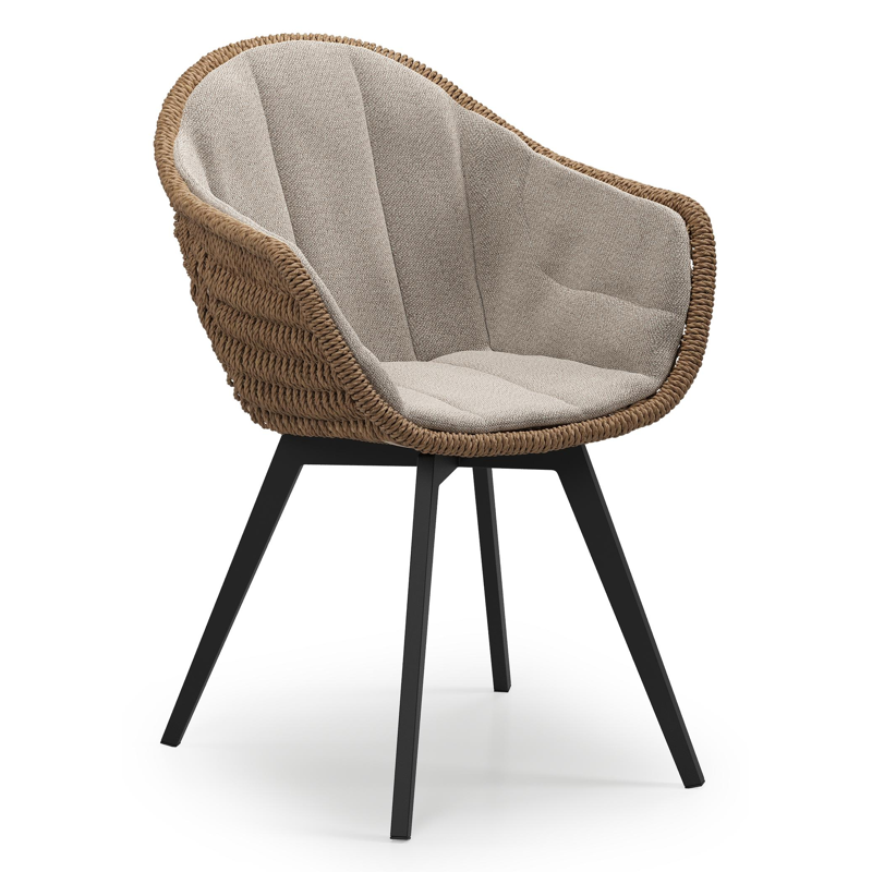 Pagino tuinstoel in zwart aluminium en bruin ronde wicker met zitkussen in All Weather Sunbrella® Luxe Savane Coconut