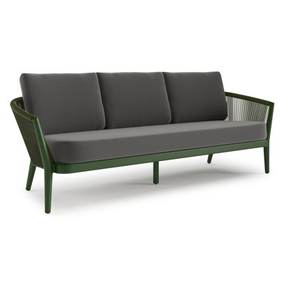 Orso loungebank in groen aluminium en groen verticaal geweven ronde rope met Natte Charcoal Chine all weather sunbrella® luxe kussen