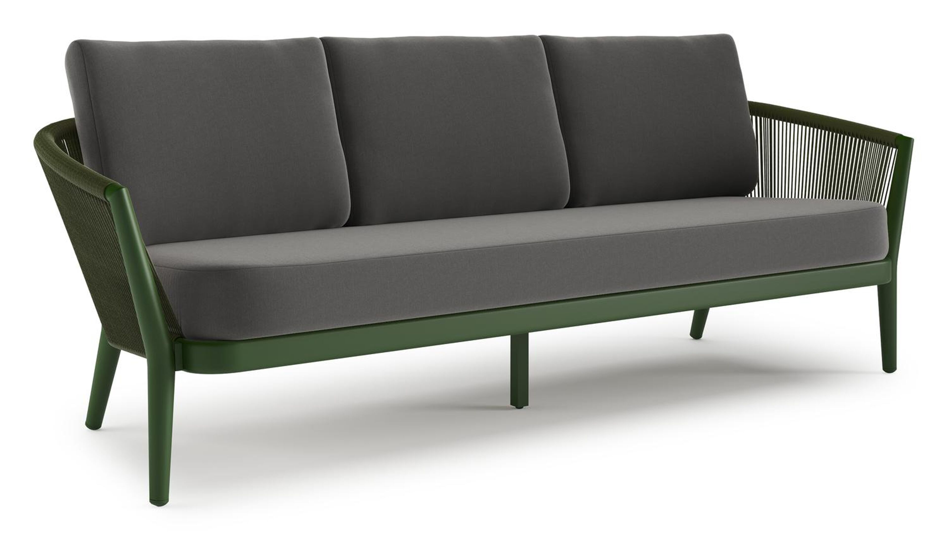 Canapé de jardin Orso en aluminium vert en corde ronde tissée verticalement vert et coussins en all weather sunbrella® luxe Natte Charcoal Chine