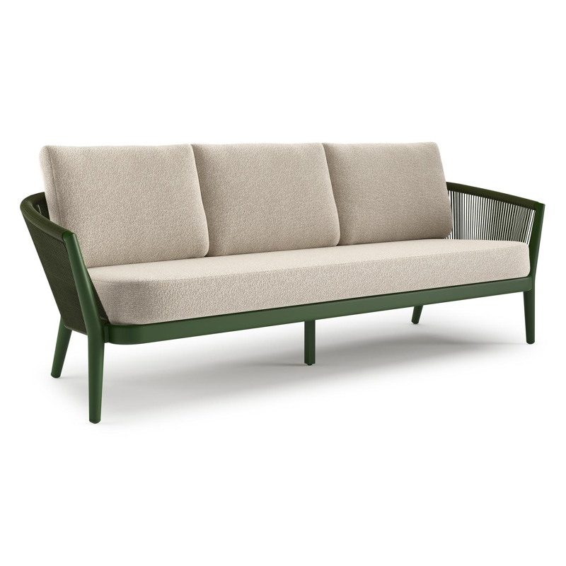 Orso loungebank in groen aluminium en groen verticaal geweven ronde rope met Marbella Ecru all weather cosytica kussen