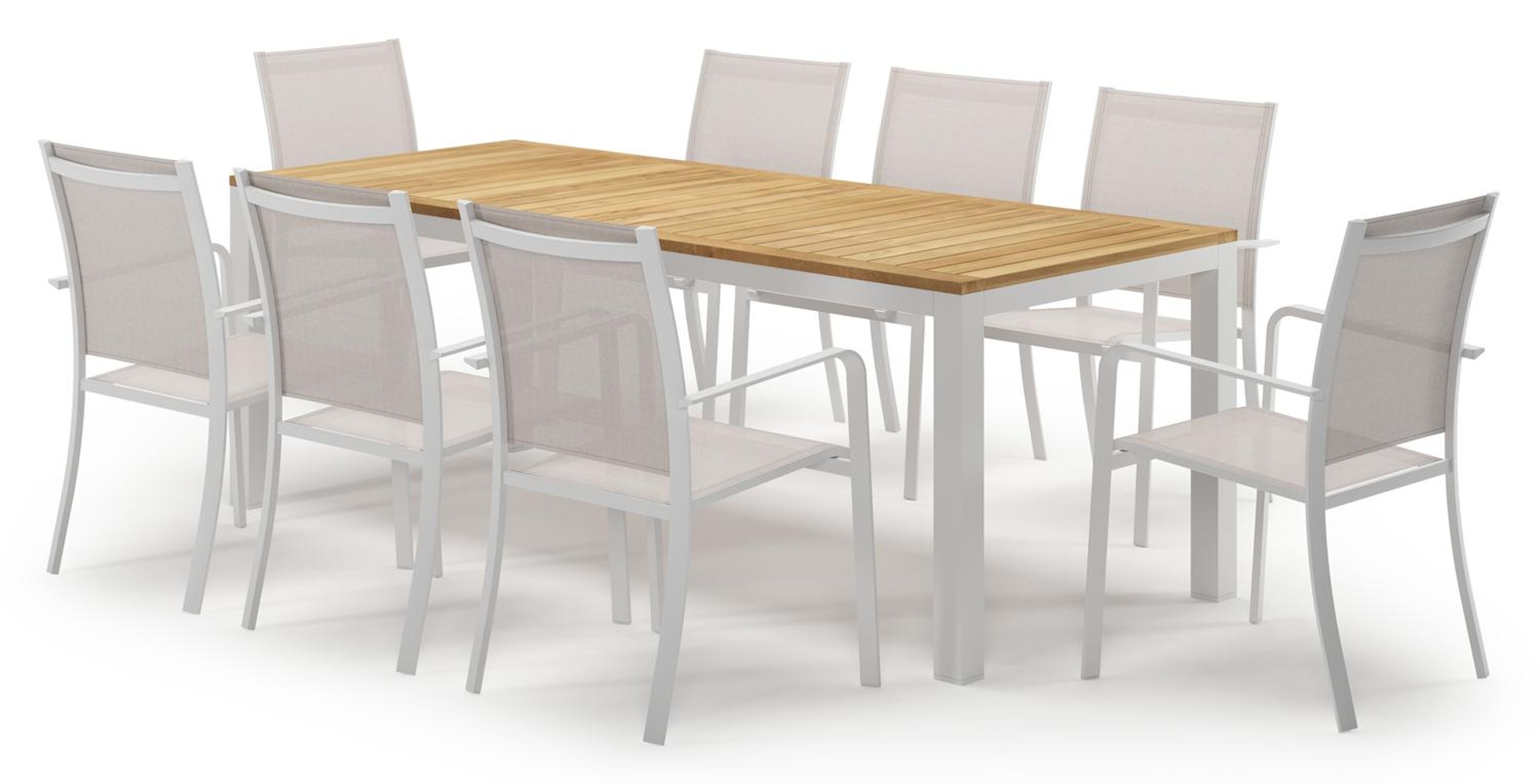 Varese tuinset in wit aluminium en teak met 8 Calobra tuinstoelen