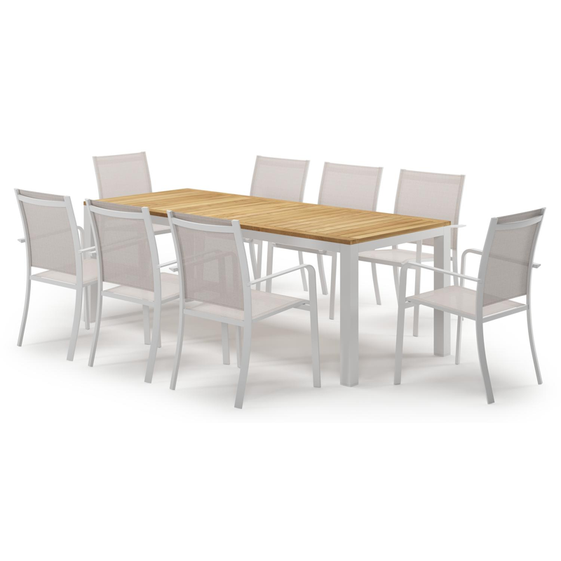 Ensemble de jardin Varese en aluminium blanc et teck avec 8 chaises de jardin Calobra