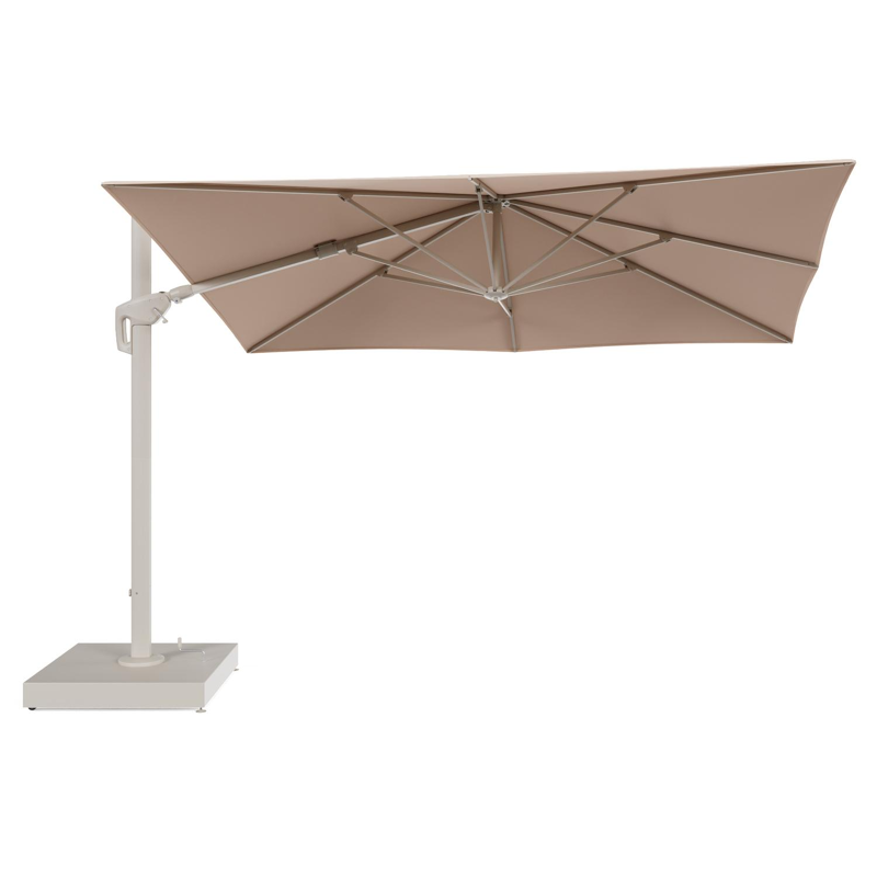 Minore zweefparasol met tiltfunctie in beige aluminium en Natte Linen Chalk All Weather Sunbrella® Luxe parasoldoek - L1 280 x L2 370 cm met parasolvoet Minore 260 kg met wielen