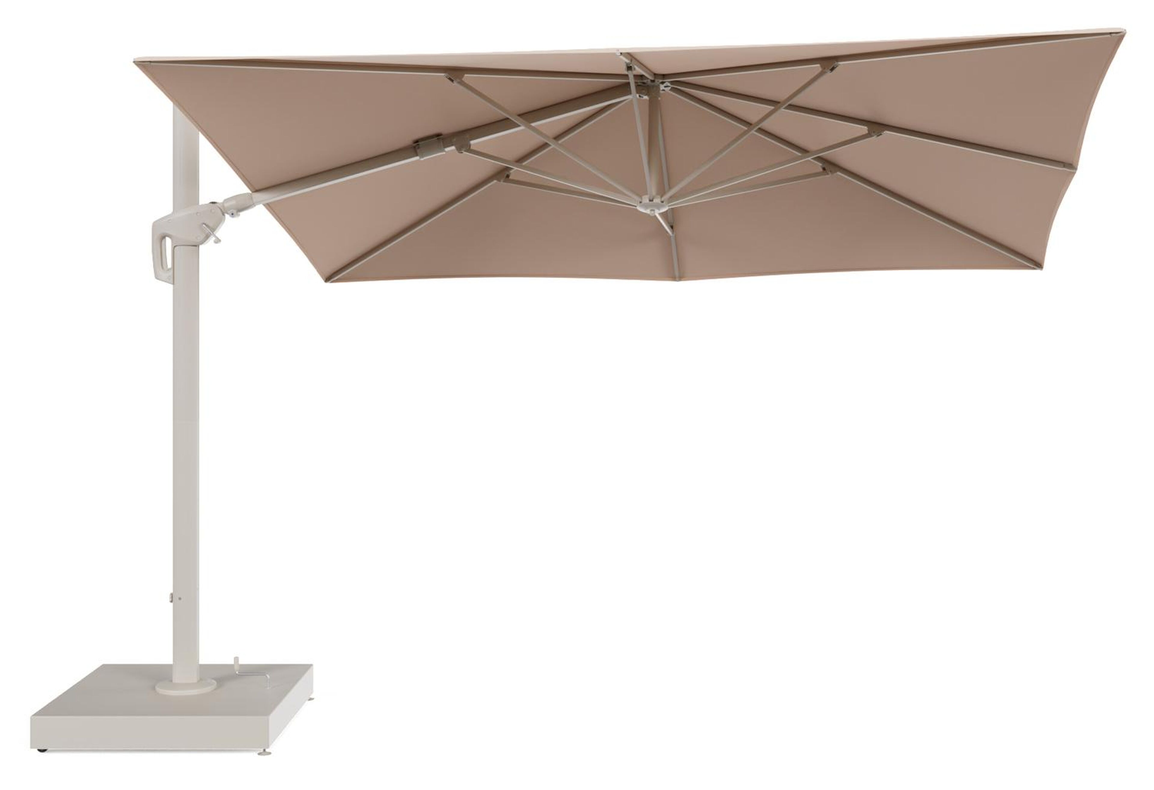 Minore zweefparasol met tiltfunctie in beige aluminium en Natte Linen Chalk All Weather Sunbrella® Luxe parasoldoek - L1 280 x L2 370 cm met parasolvoet Minore 260 kg met wielen