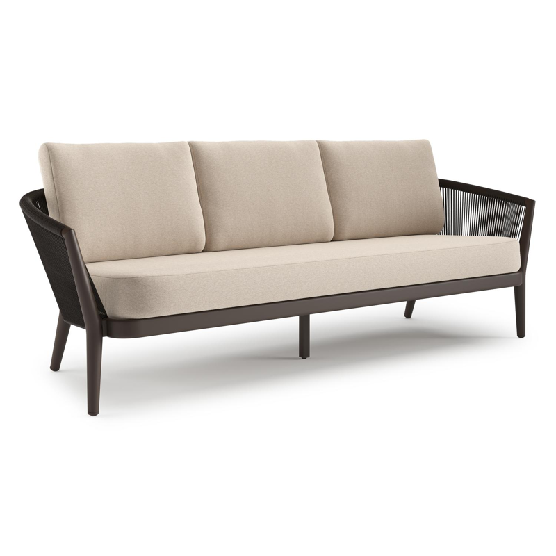 Orso loungebank in donkerbruin aluminium en donkerbruin verticaal geweven ronde rope met Heritage Ash all weather sunbrella® luxe kussen