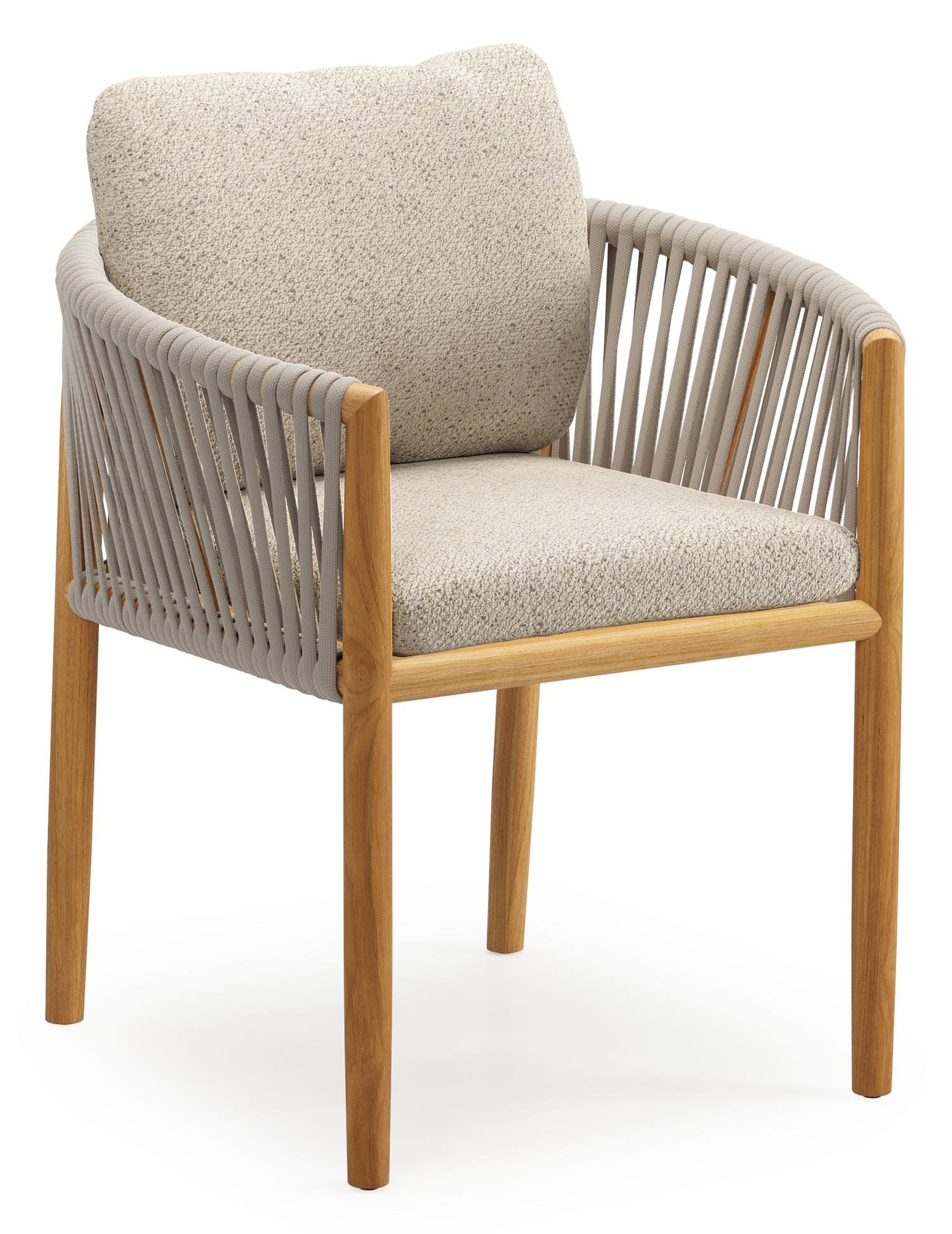 Organo tuinstoel in teak en beige verticaal geweven luxe vlakke rope met zitkussen in All Weather Cosytica Bora Desert