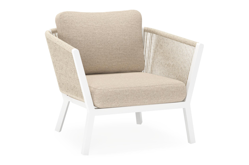 Cordoba loungestoel in wit aluminium en beige verticaal geweven ronde rope met rustic weather+ softtouch kussen