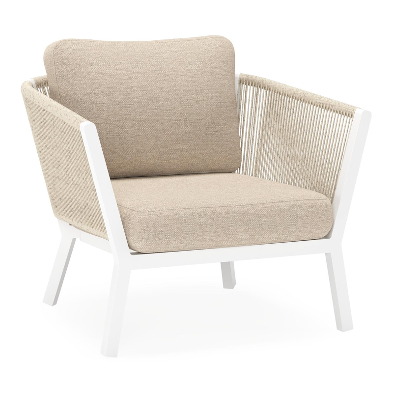Cordoba loungestoel in wit aluminium en beige verticaal geweven ronde rope met rustic weather+ softtouch kussen