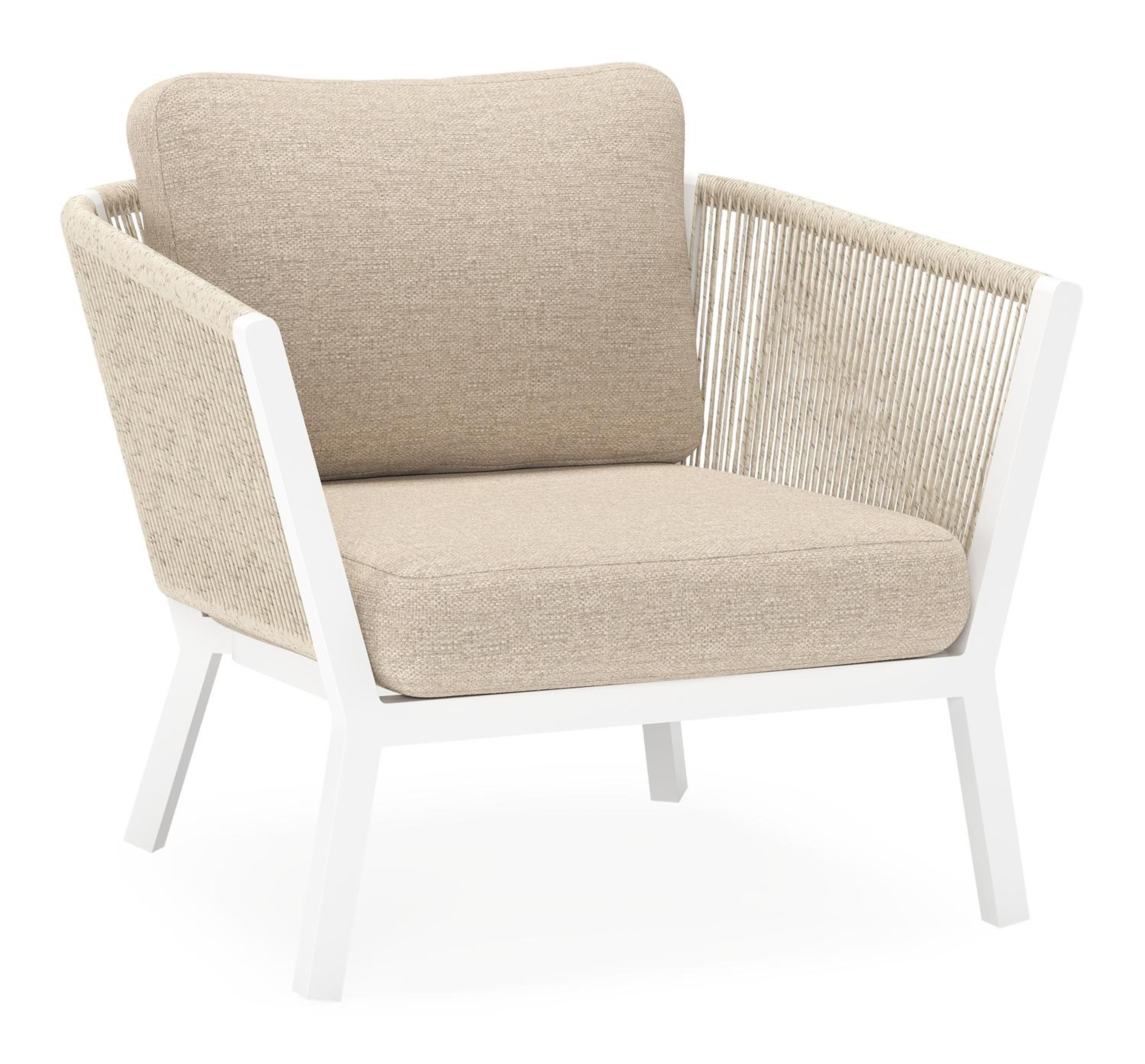 Cordoba loungestoel in wit aluminium en beige verticaal geweven ronde rope met rustic weather+ softtouch kussen