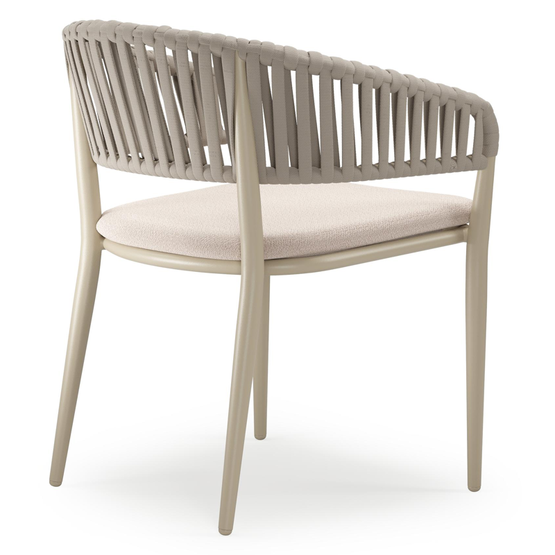 Tolfa stapelbare tuinstoel in beige aluminium en beige verticaal geweven luxe vlakke brede rope met stoelkussen in All Weather Sunbrella® Luxe Wander Pilat