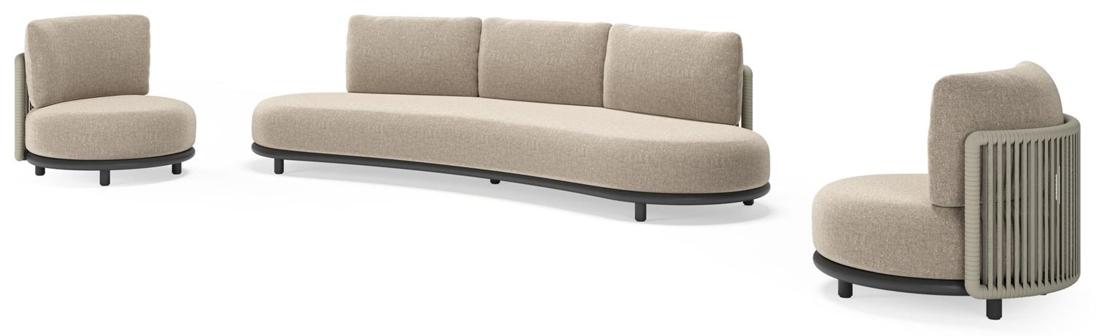 Lomano loungeset in zwart aluminium en beige verticaal geweven luxe vlakke rope met Chartres Pewter all weather sunbrella® luxe