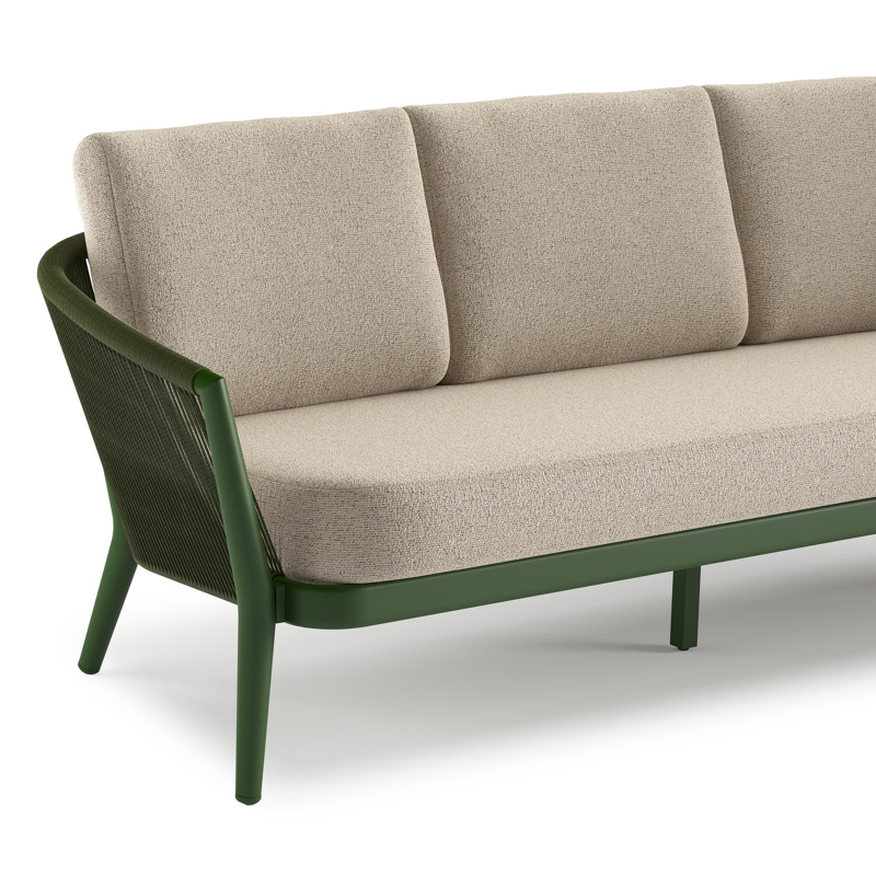 Orso loungeset in groen aluminium en groen verticaal geweven ronde rope met Marbella Beige all weather cosytica kussen