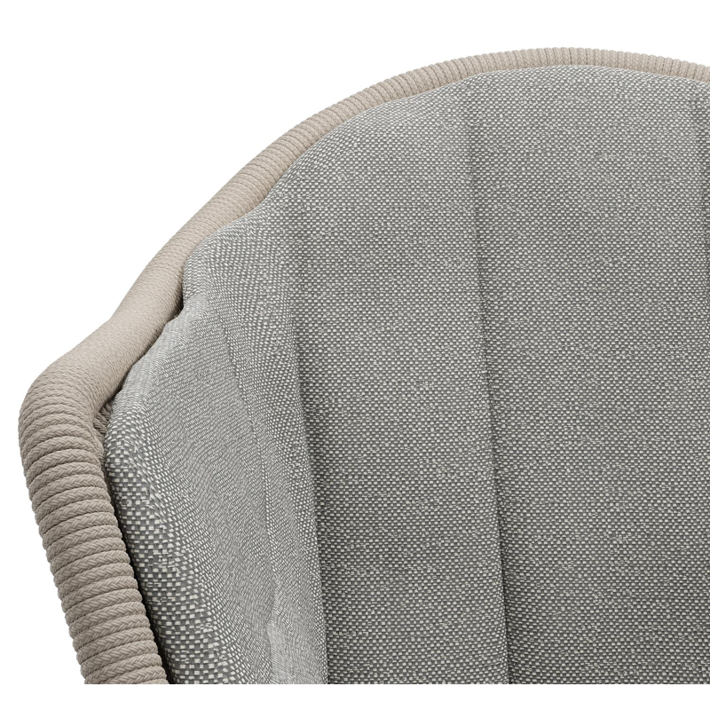 Pagino tuinstoel in zwart aluminium en beige verticaal geweven ronde rope met zitkussen in All Weather Sunbrella® Luxe Savane Zinc