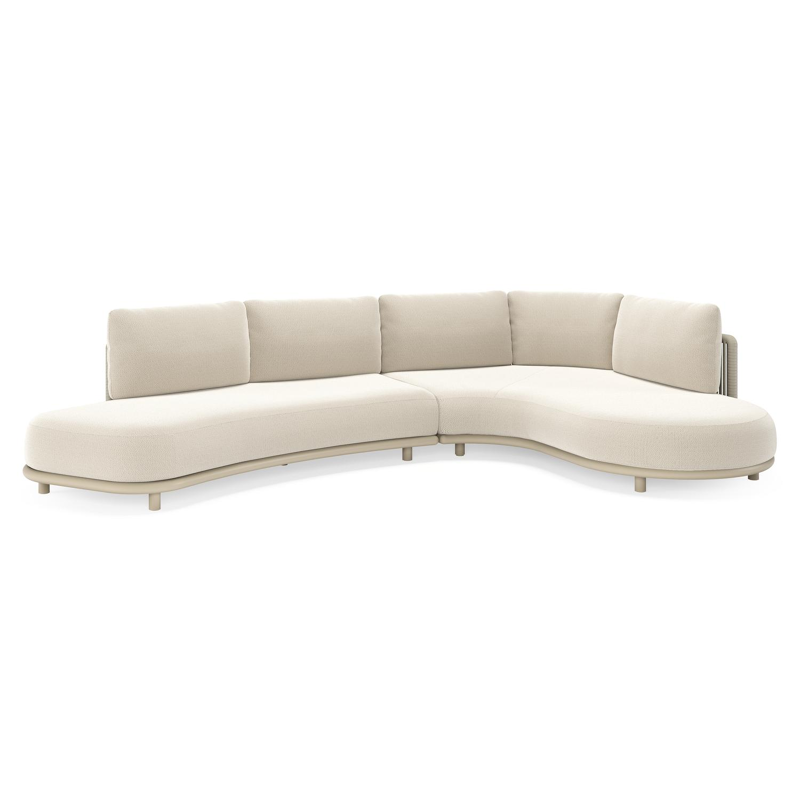 Lomano loungehoek in beige aluminium en beige verticaal geweven luxe vlakke rope met Lopi Marble all weather sunbrella® luxe