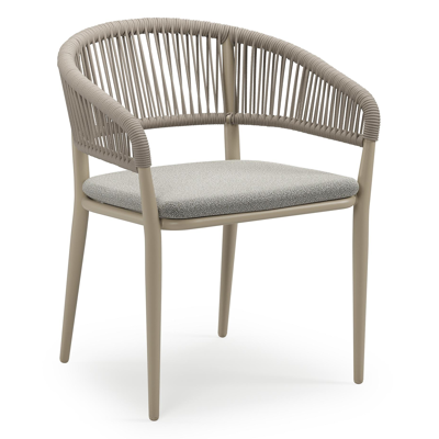 Tolfa stapelbare tuinstoel in beige aluminium en beige verticaal geweven ronde rope met stoelkussen in All Weather Sunbrella® Luxe Savane Tunder