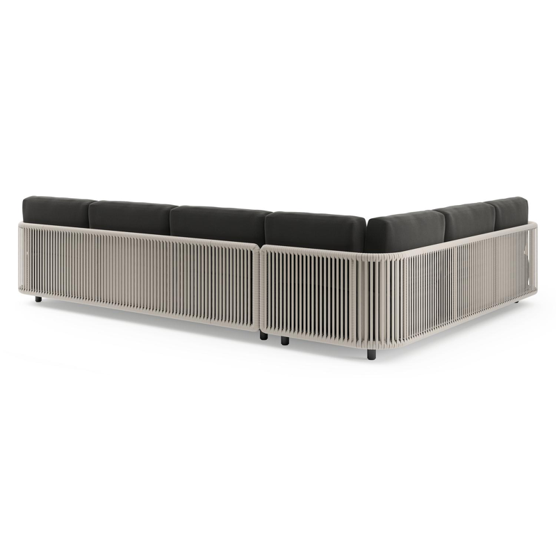 Organo loungehoek in zwart aluminium en beige verticaal geweven luxe vlakke rope met natte sooty all weather Sunbrella® luxe kussen