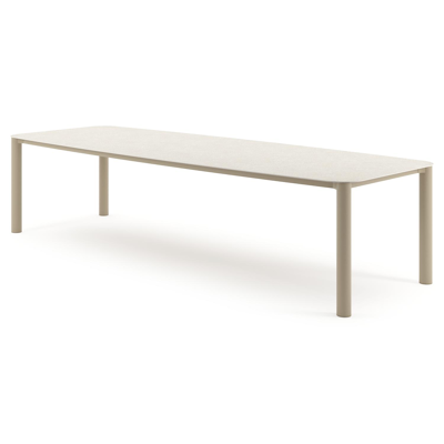 Table de jardin Orso forme de bateau en aluminium beige et céramique pleine Shilin - Lg. 315 x Lrg. 115 x Haut. 74.5 cm