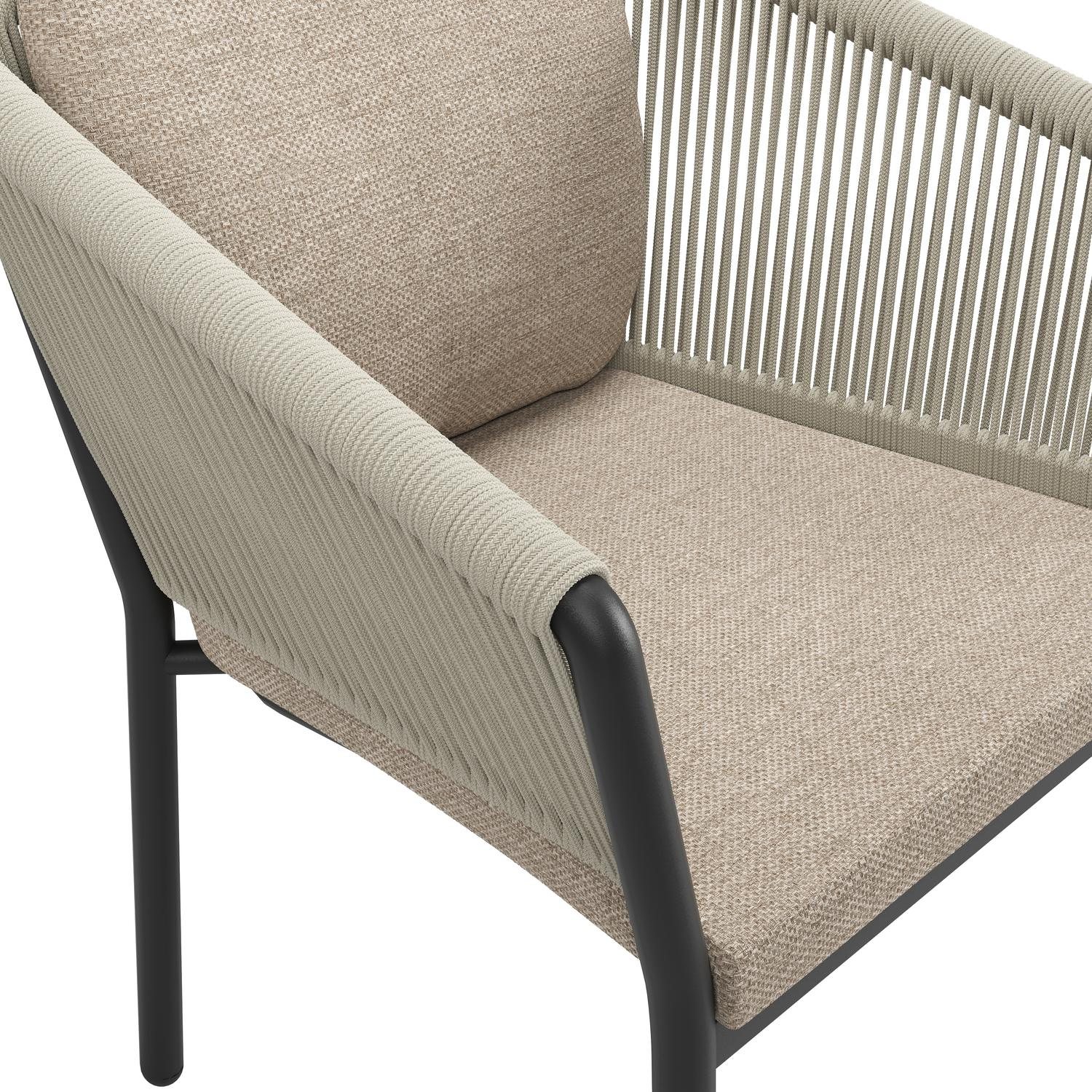 Chaise de jardin Gerona en aluminium noir et corde ronde tissée verticalement beige avec coussin en Weather+ Softtouch Rustic
