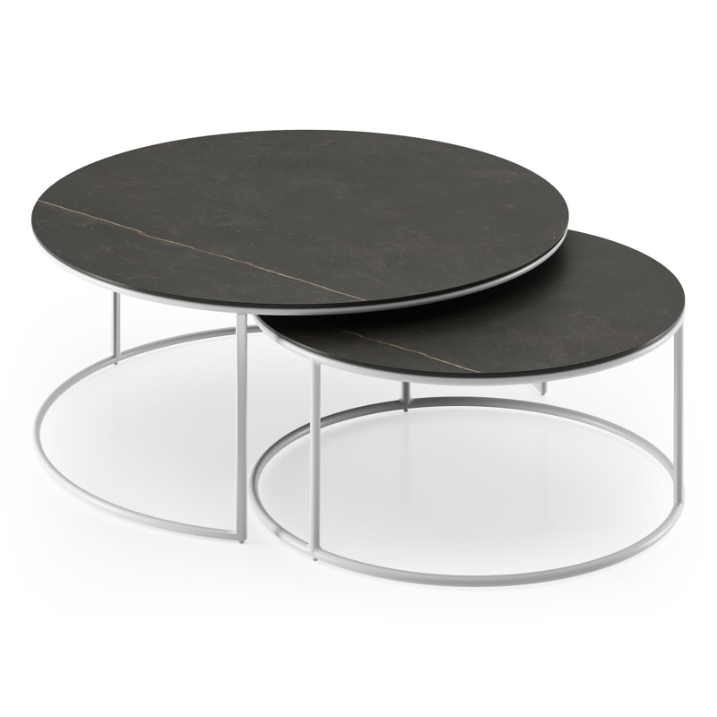 Fano set van 2 loungetafels rond in wit aluminium en volkeramiek Calatorao - Dia. 85/65 x H 35/30 cm