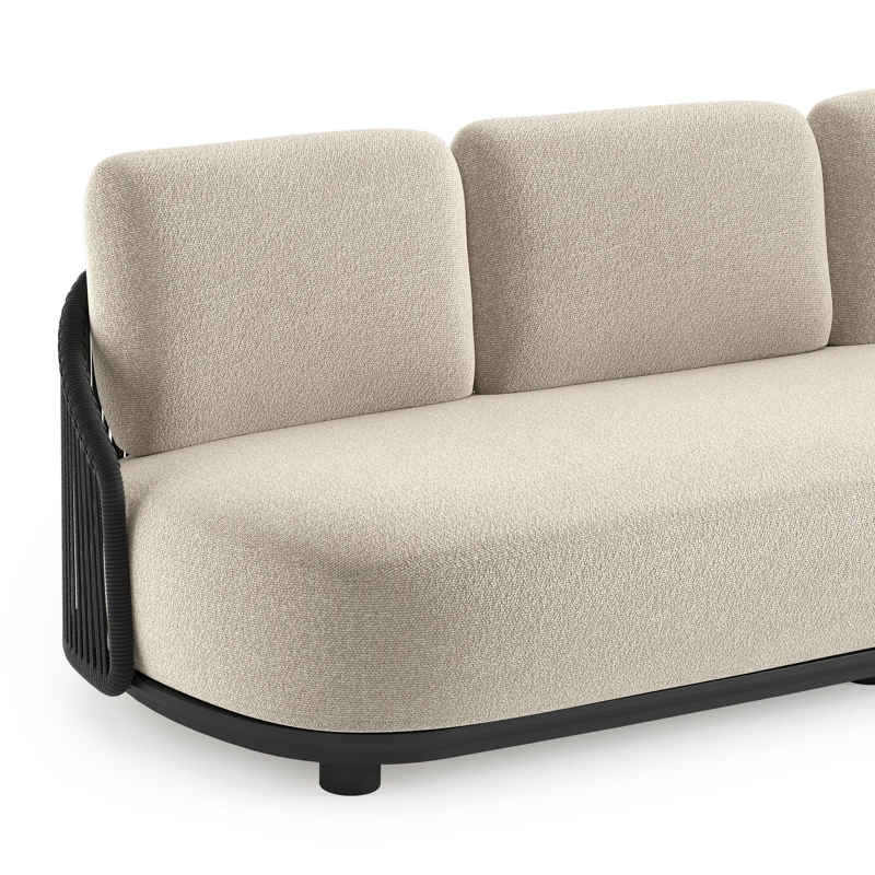 Canapé de jardin Vadelo en aluminium noir et corde ronde tissée verticalement noir et coussins en all weather cosytica marbella ecru