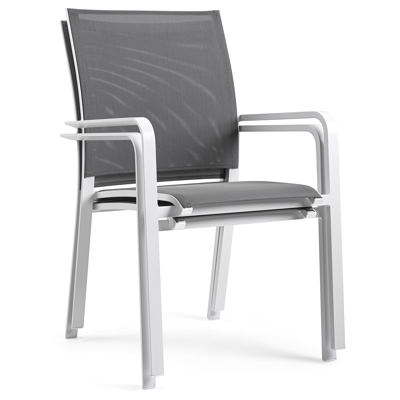 Trente tuinset in wit aluminium en volkeramiek grijs tafelblad met 8 stapelbare Calobra tuinstoelen