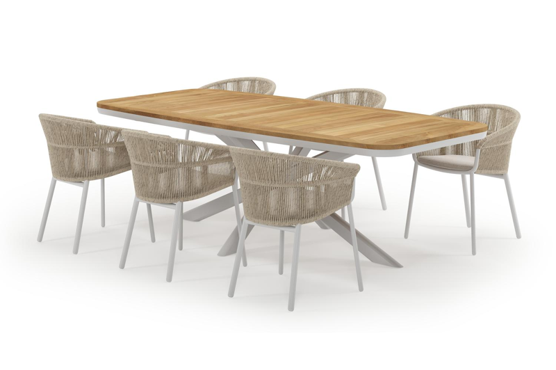 Pamplona bootvormige tuinset in wit aluminium en teak natural finish met 6 Matera tuinstoelen