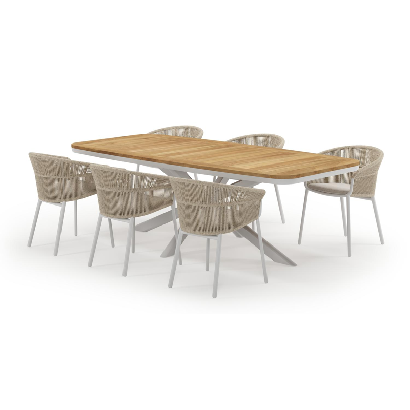 Pamplona bootvormige tuinset in wit aluminium en teak natural finish met 6 Matera tuinstoelen