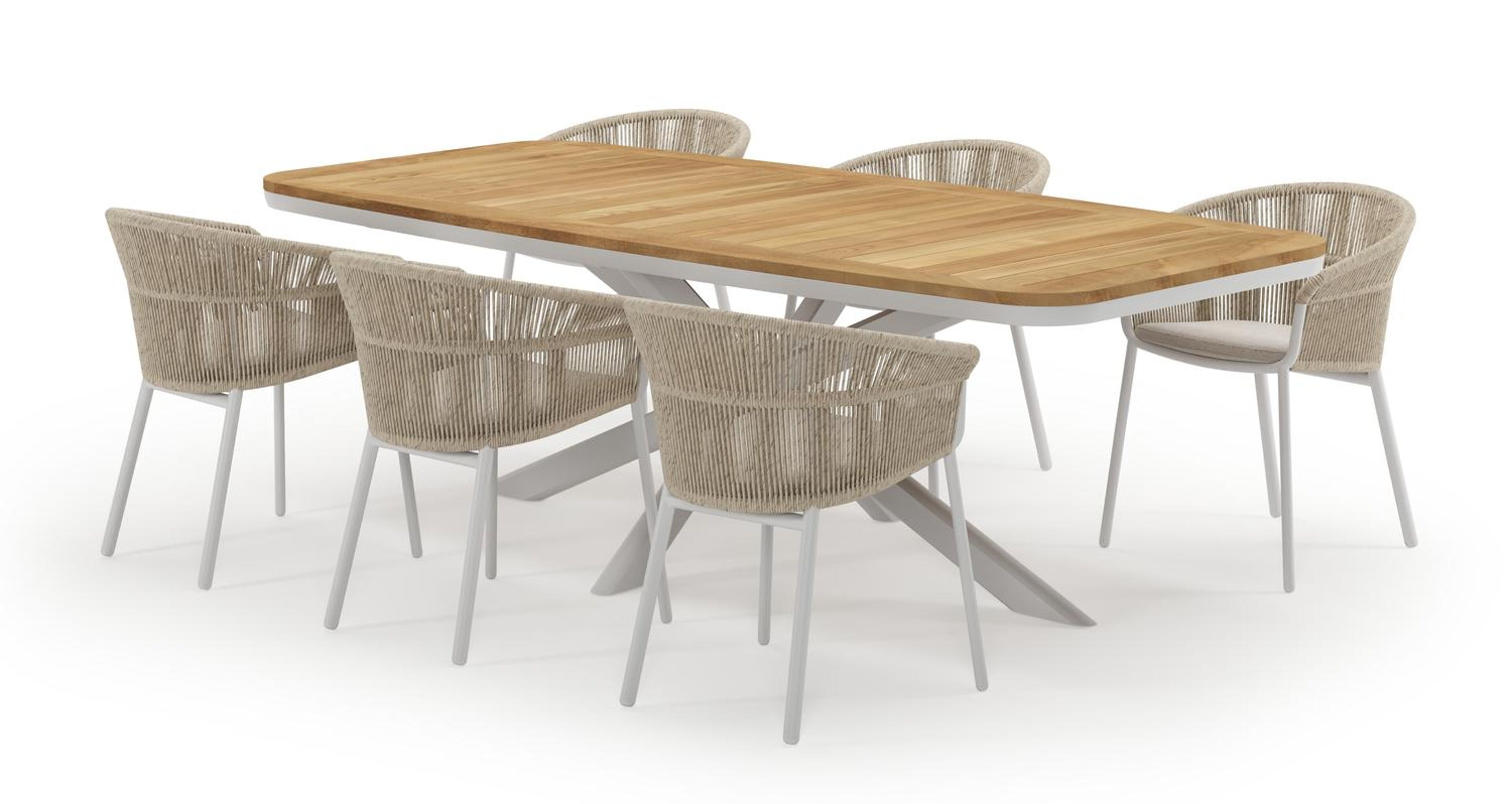 Pamplona bootvormige tuinset in wit aluminium en teak natural finish met 6 Matera tuinstoelen