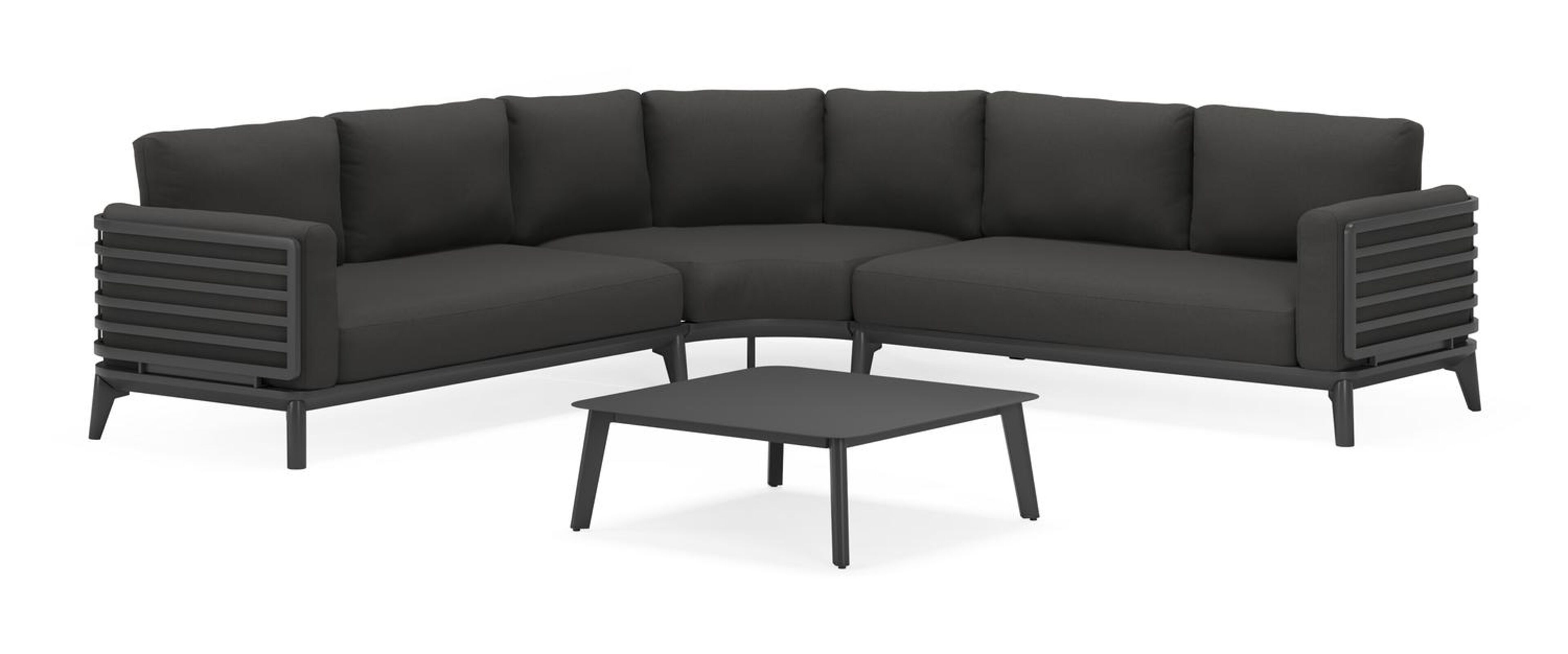 Salon de jardin d'angle Mosa en aluminium noir avec coussins en all weather sunbrella® premium natte sooty et table basse